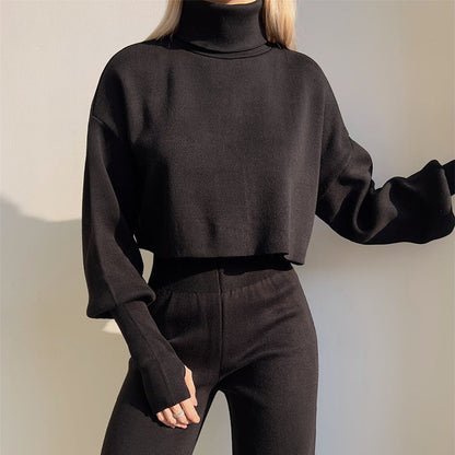 🔥Soldes anticipées du Black Friday : -50 %🔥Ensemble top court col montant manches longues et pantalon pour femme