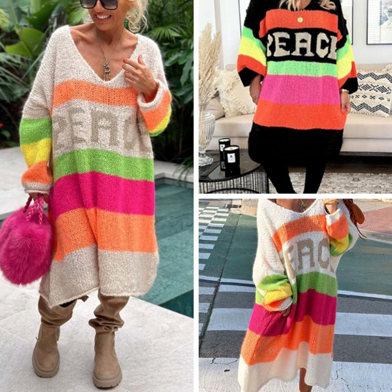 🔥🖤Vente anticipée Black Friday : 50 % de réduction🔥Robe pull col V à imprimé lettrage et blocs de couleur