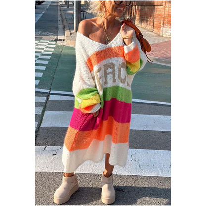 🔥🖤Vente anticipée Black Friday : 50 % de réduction🔥Robe pull col V à imprimé lettrage et blocs de couleur