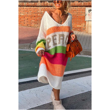 🔥🖤Vente anticipée Black Friday : 50 % de réduction🔥Robe pull col V à imprimé lettrage et blocs de couleur