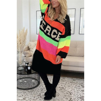 🔥🖤Vente anticipée Black Friday : 50 % de réduction🔥Robe pull col V à imprimé lettrage et blocs de couleur