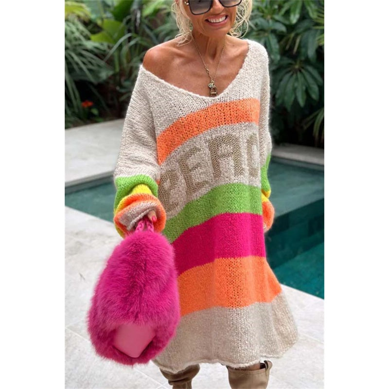 🔥🖤Vente anticipée Black Friday : 50 % de réduction🔥Robe pull col V à imprimé lettrage et blocs de couleur
