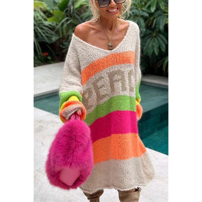 🔥🖤Vente anticipée Black Friday : 50 % de réduction🔥Robe pull col V à imprimé lettrage et blocs de couleur