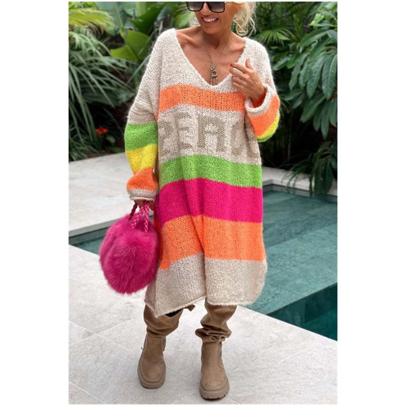 🔥🖤Vente anticipée Black Friday : 50 % de réduction🔥Robe pull col V à imprimé lettrage et blocs de couleur