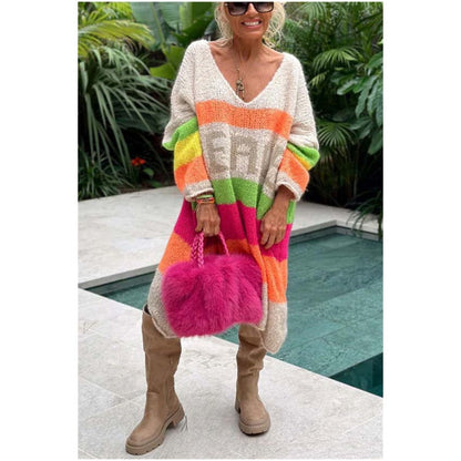 🔥🖤Vente anticipée Black Friday : 50 % de réduction🔥Robe pull col V à imprimé lettrage et blocs de couleur