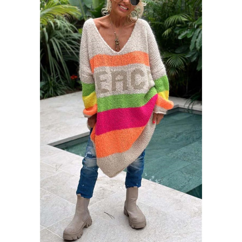 🔥🖤Vente anticipée Black Friday : 50 % de réduction🔥Robe pull col V à imprimé lettrage et blocs de couleur