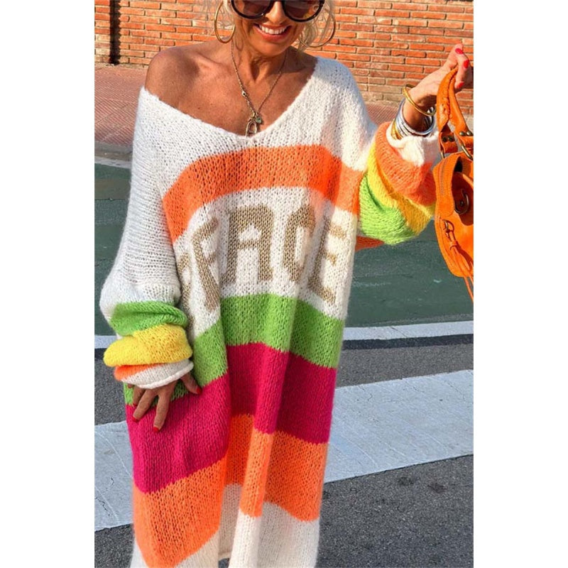 🔥🖤Vente anticipée Black Friday : 50 % de réduction🔥Robe pull col V à imprimé lettrage et blocs de couleur