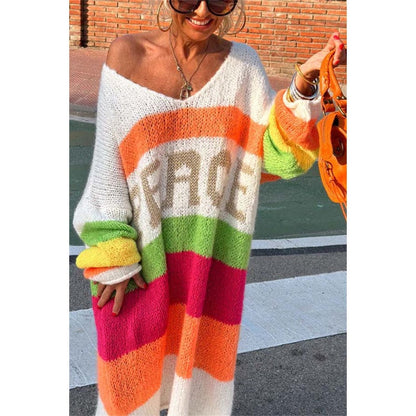 🔥🖤Vente anticipée Black Friday : 50 % de réduction🔥Robe pull col V à imprimé lettrage et blocs de couleur