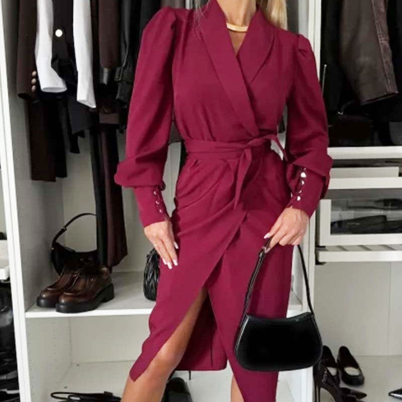 🔥🖤Soldes du Black Friday : 50 % de réduction🔥Robe longue à manches longues, col en V et taille nouée fendue pour femme