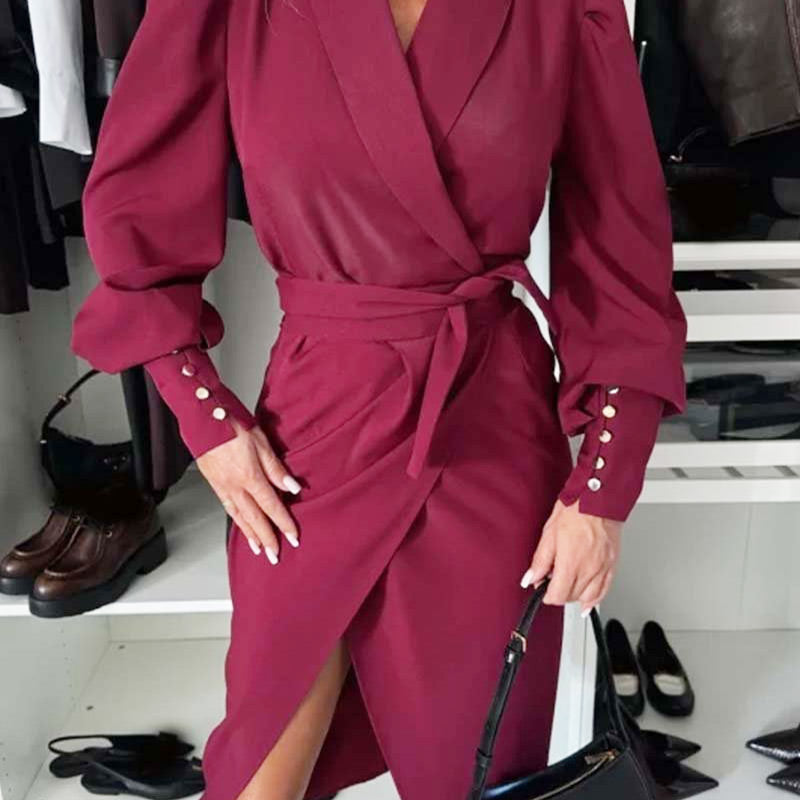 🔥🖤Soldes du Black Friday : 50 % de réduction🔥Robe longue à manches longues, col en V et taille nouée fendue pour femme