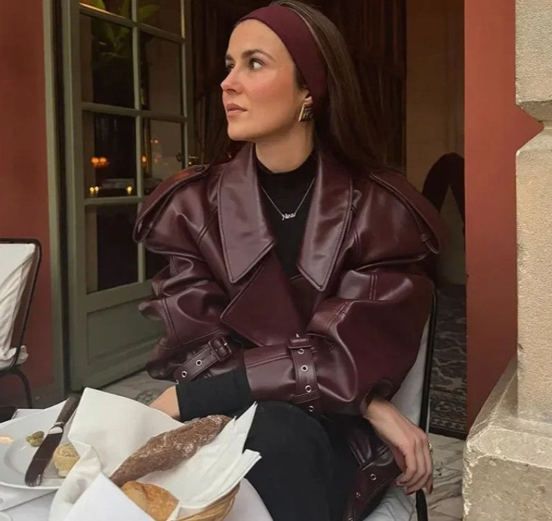 💕Retro-Kurzjacke aus PU-Leder mit Revers