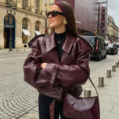 💕Retro-Kurzjacke aus PU-Leder mit Revers