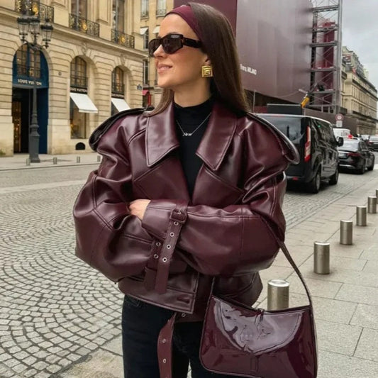 💕Retro-Kurzjacke aus PU-Leder mit Revers