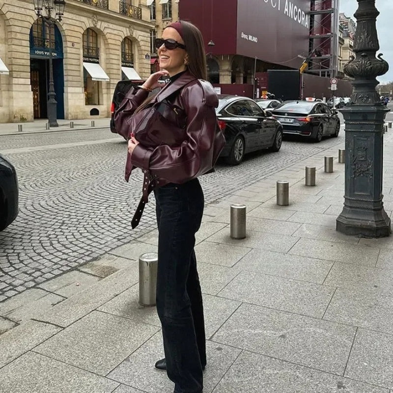 💕Retro-Kurzjacke aus PU-Leder mit Revers