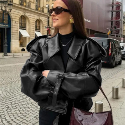 💕Retro-Kurzjacke aus PU-Leder mit Revers