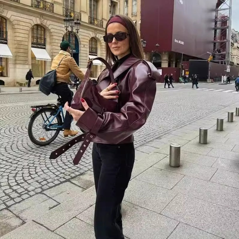 💕Retro-Kurzjacke aus PU-Leder mit Revers