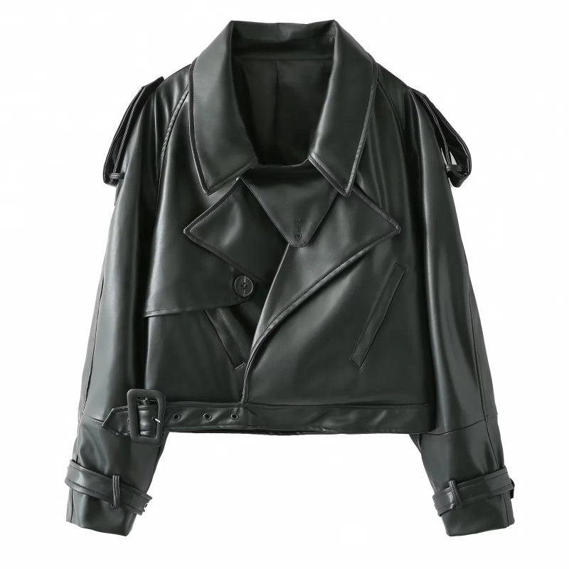 💕Retro-Kurzjacke aus PU-Leder mit Revers