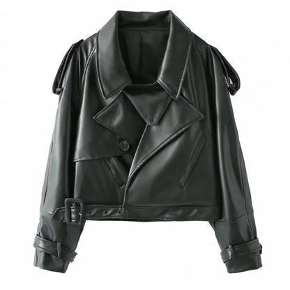 💕Retro-Kurzjacke aus PU-Leder mit Revers