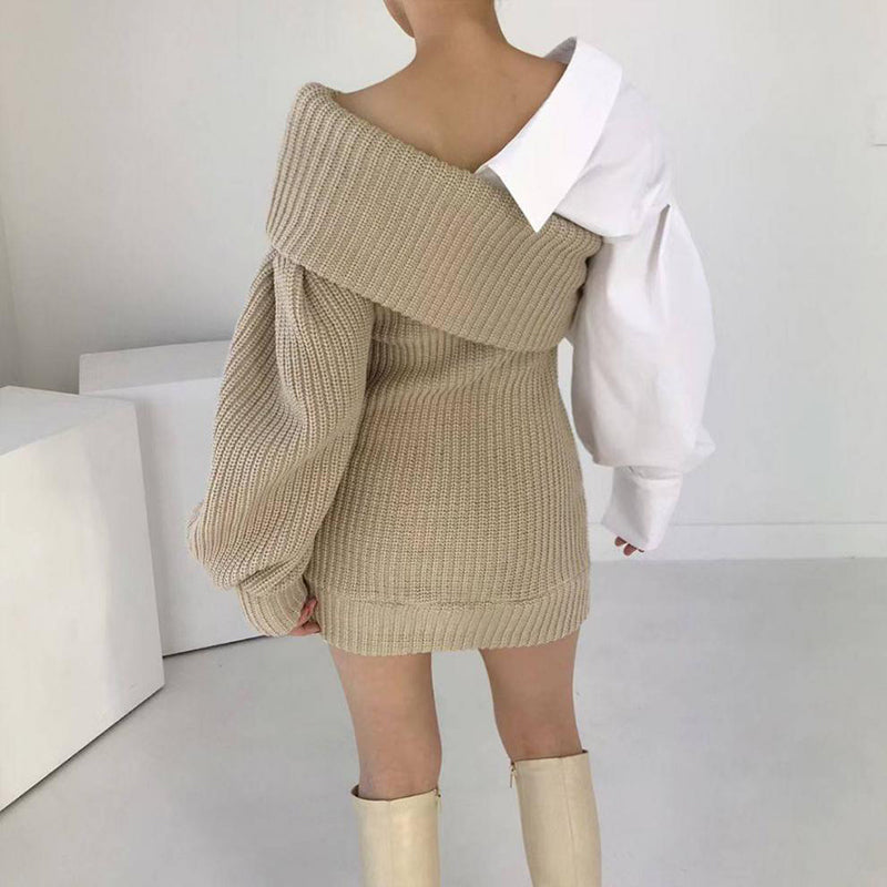 Damen Patchwork Zweifarbiger Strickpullover