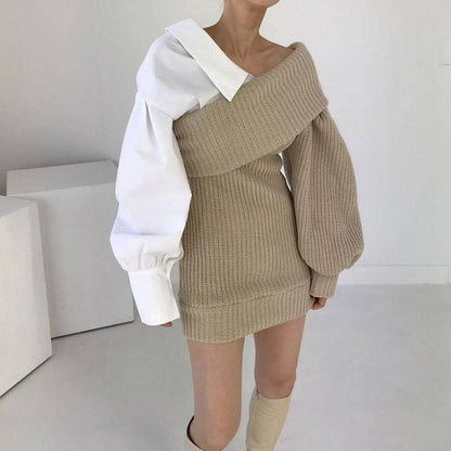 Damen Patchwork Zweifarbiger Strickpullover