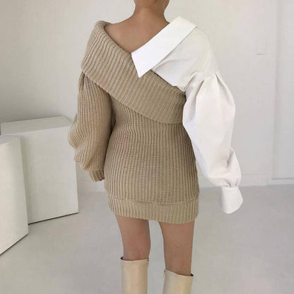 Damen Patchwork Zweifarbiger Strickpullover