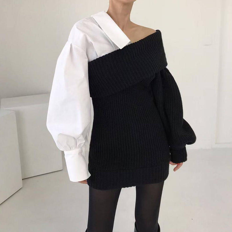 Damen Patchwork Zweifarbiger Strickpullover
