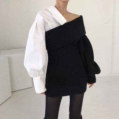 Damen Patchwork Zweifarbiger Strickpullover