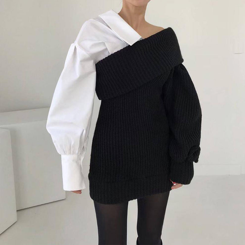 Damen Patchwork Zweifarbiger Strickpullover