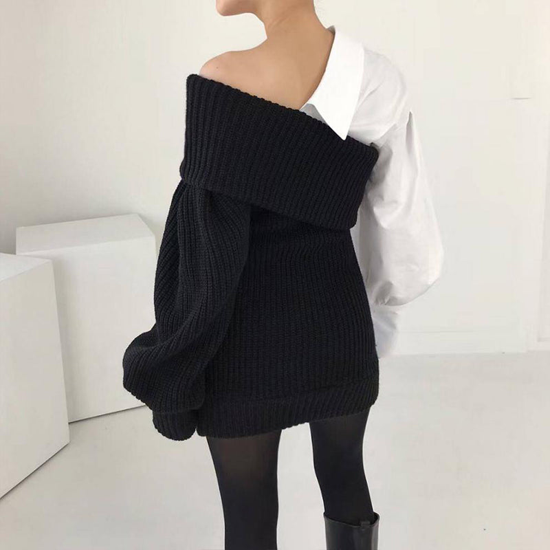 Damen Patchwork Zweifarbiger Strickpullover