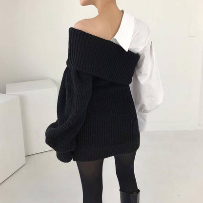 Damen Patchwork Zweifarbiger Strickpullover
