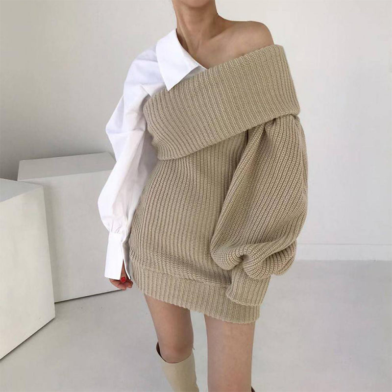 Damen Patchwork Zweifarbiger Strickpullover