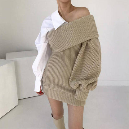 Damen Patchwork Zweifarbiger Strickpullover