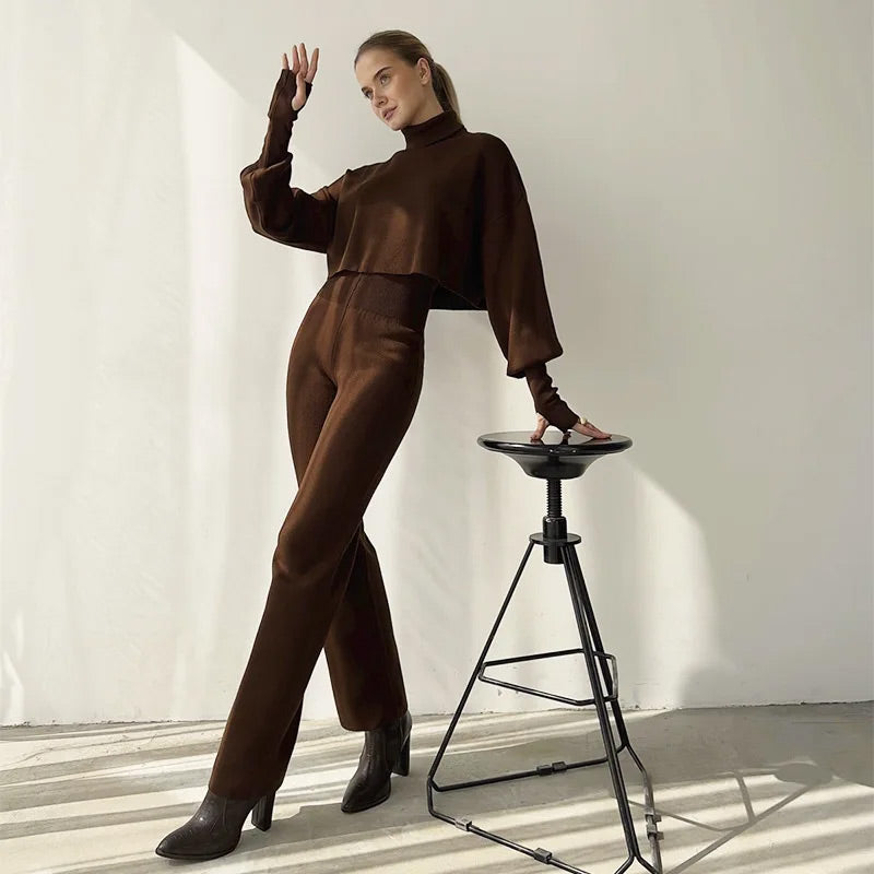 🔥Soldes anticipées du Black Friday : -50 %🔥Ensemble top court col montant manches longues et pantalon pour femme