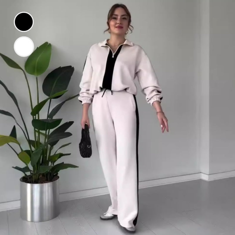 🔥Nur für kurze Zeit 50% Rabatt🔥2-teiliges Set für Damen: Oberteil mit Reißverschluss und Revers & Hose