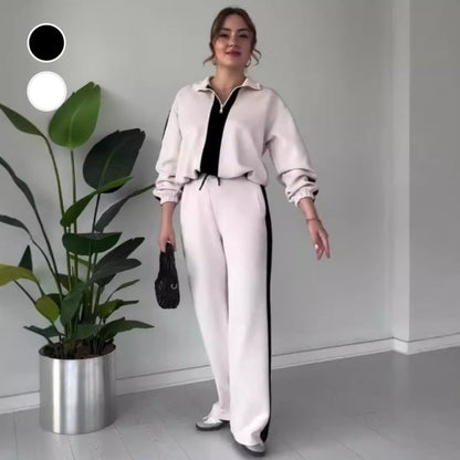 🔥Nur für kurze Zeit 50% Rabatt🔥2-teiliges Set für Damen: Oberteil mit Reißverschluss und Revers & Hose