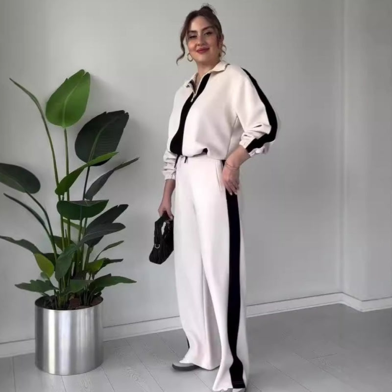 🔥Nur für kurze Zeit 50% Rabatt🔥2-teiliges Set für Damen: Oberteil mit Reißverschluss und Revers & Hose