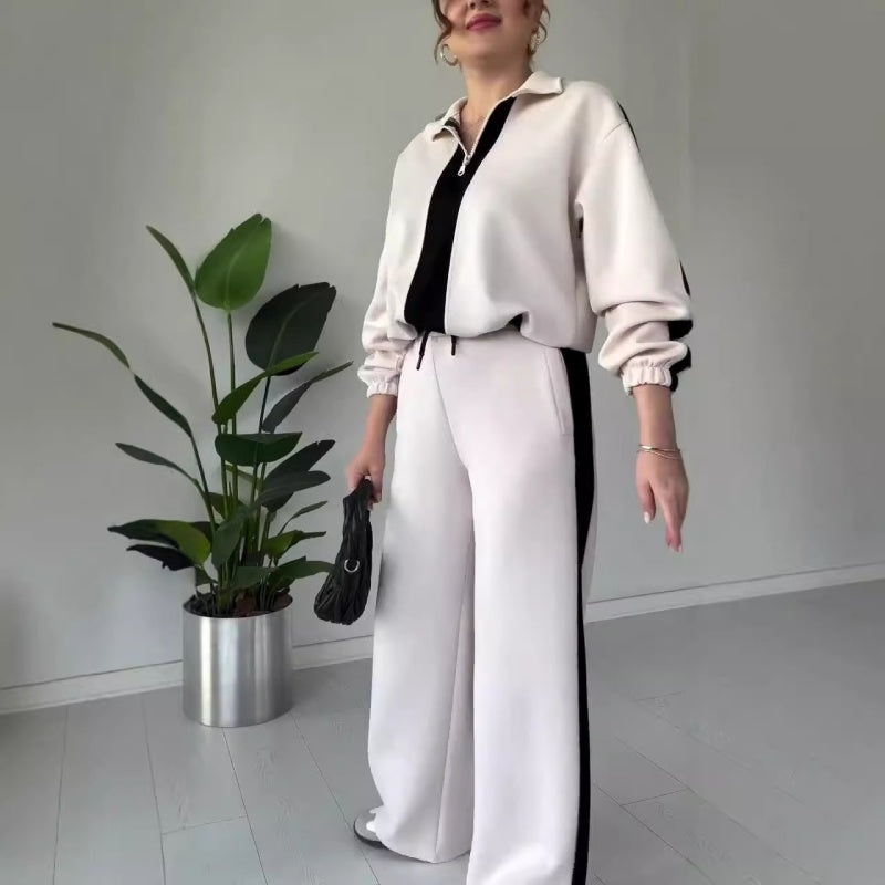 🔥Nur für kurze Zeit 50% Rabatt🔥2-teiliges Set für Damen: Oberteil mit Reißverschluss und Revers & Hose