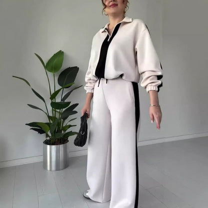 🔥Nur für kurze Zeit 50% Rabatt🔥2-teiliges Set für Damen: Oberteil mit Reißverschluss und Revers & Hose