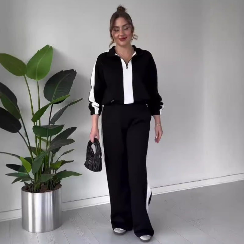 🔥Nur für kurze Zeit 50% Rabatt🔥2-teiliges Set für Damen: Oberteil mit Reißverschluss und Revers & Hose