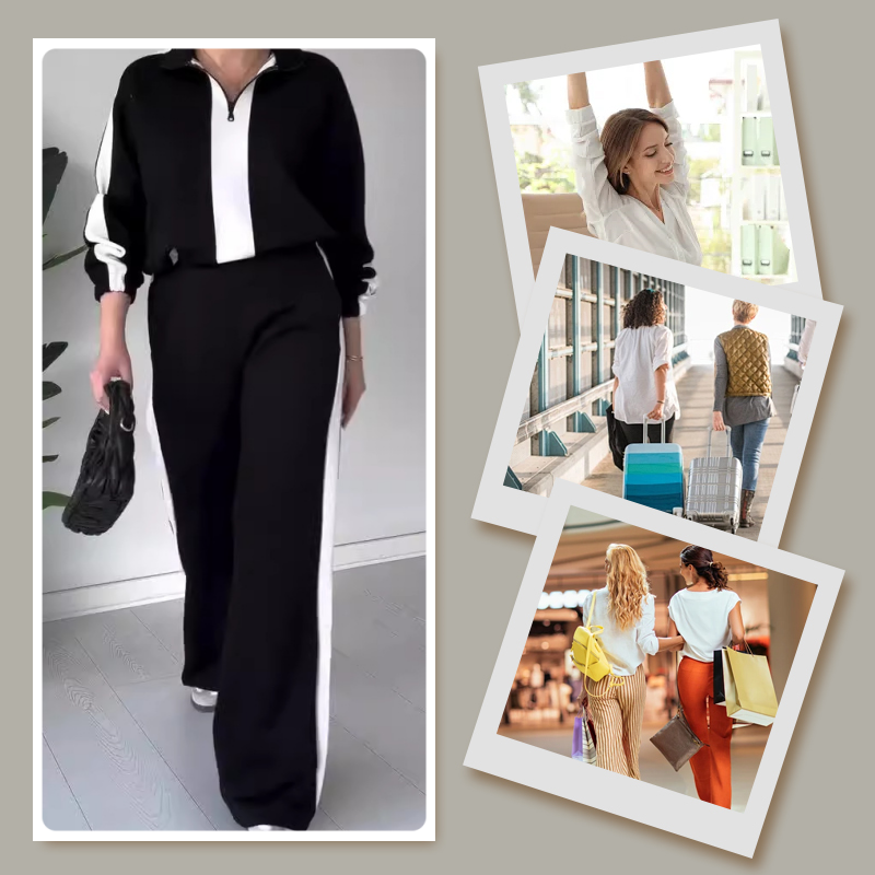 🔥Nur für kurze Zeit 50% Rabatt🔥2-teiliges Set für Damen: Oberteil mit Reißverschluss und Revers & Hose