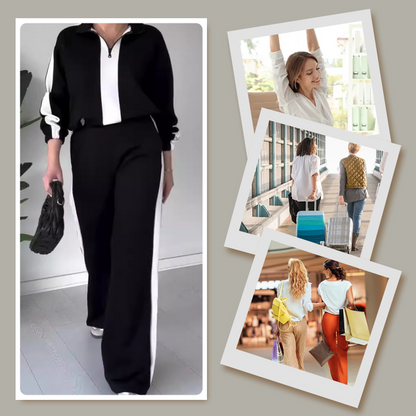 🔥Nur für kurze Zeit 50% Rabatt🔥2-teiliges Set für Damen: Oberteil mit Reißverschluss und Revers & Hose