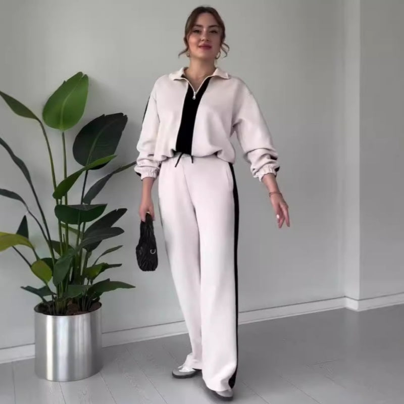 🔥Nur für kurze Zeit 50% Rabatt🔥2-teiliges Set für Damen: Oberteil mit Reißverschluss und Revers & Hose