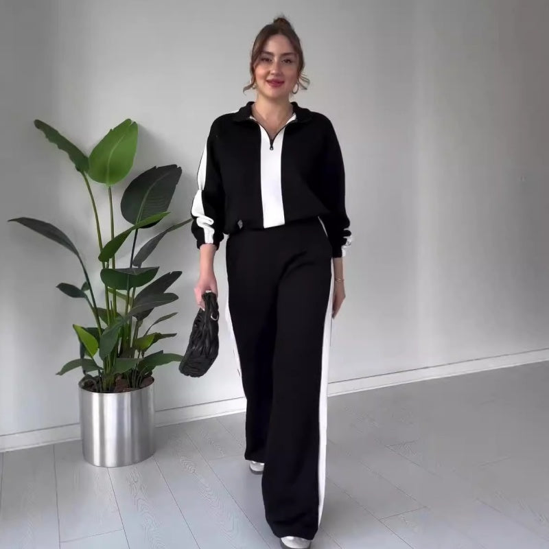 🔥Nur für kurze Zeit 50% Rabatt🔥2-teiliges Set für Damen: Oberteil mit Reißverschluss und Revers & Hose