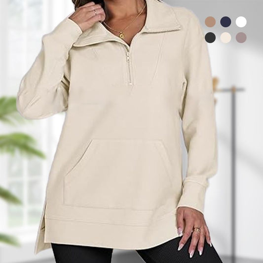 🔥Nur für kurze Zeit 50% Rabatt🔥Damen lässige Half-Zip-Pullover mit Revers und High-Low-Saum