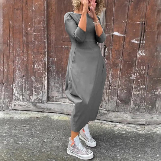 🔥🖤Black Friday Sale: 50 % RABATT🔥Damen Einfaches Elegantes Langarmkleid mit Tasche